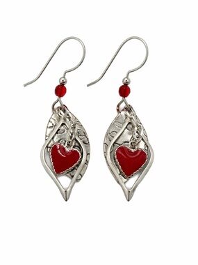 Silver-Tone Leaf Drop Earrings with Red Heart Charms